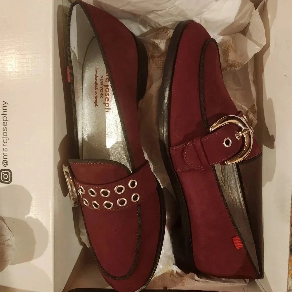 Marc Joseph NY Burgundy Suede Loafers — Grommet Buckle — Size 5.5